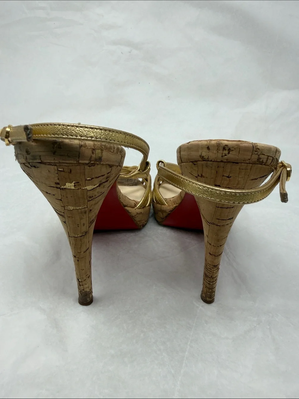 Christian Louboutin Metallic Gold Strappy Cork Platform Heels